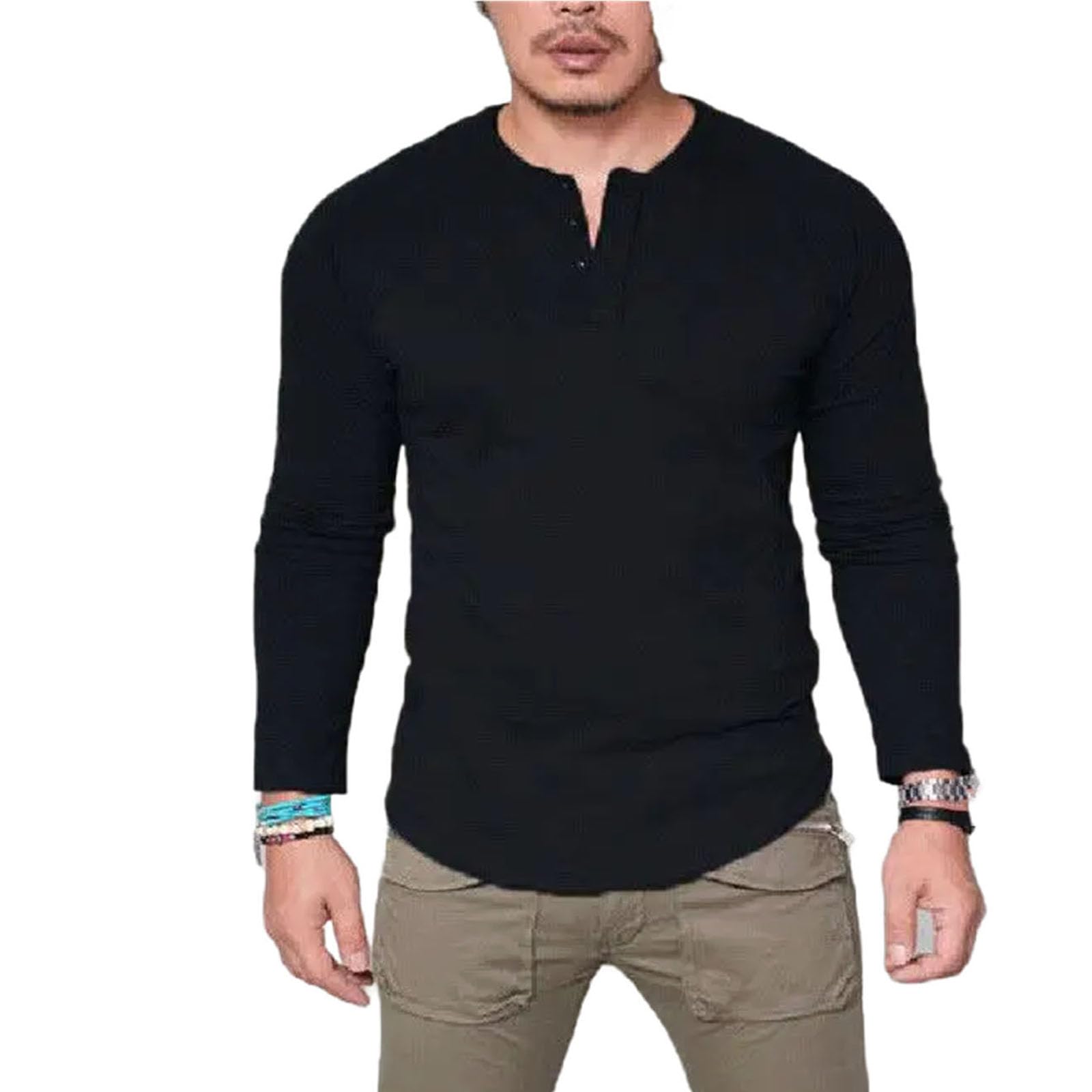 T-shirt da uomo girocollo in cotone tinta unita con bottoni a maniche lunghe traspirante casual base top