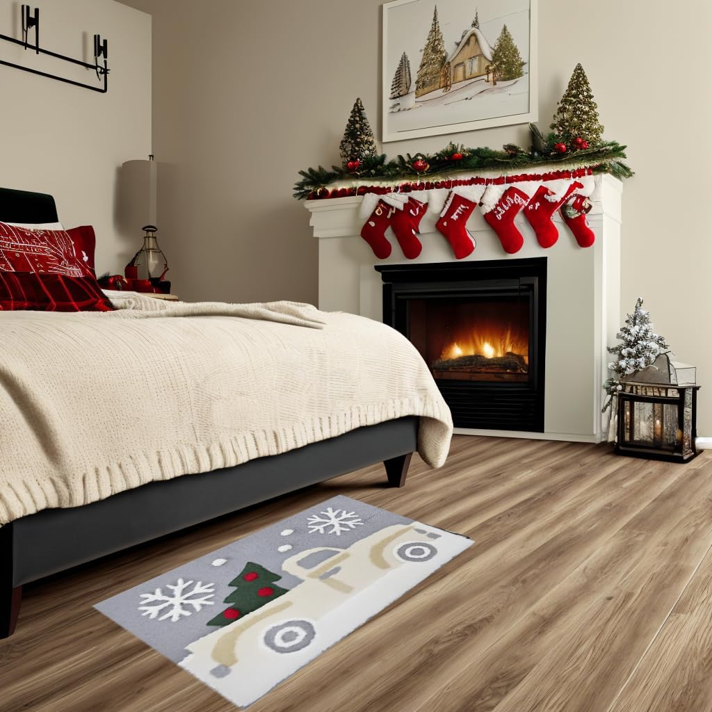 St. Nicholas Square Christmas White Truck Bathroom Rug, Retro Holiday Design, Seasonal Plush Cotton Pile Bath Mat, 20 x 30 Inches Rectangle, Multi Color