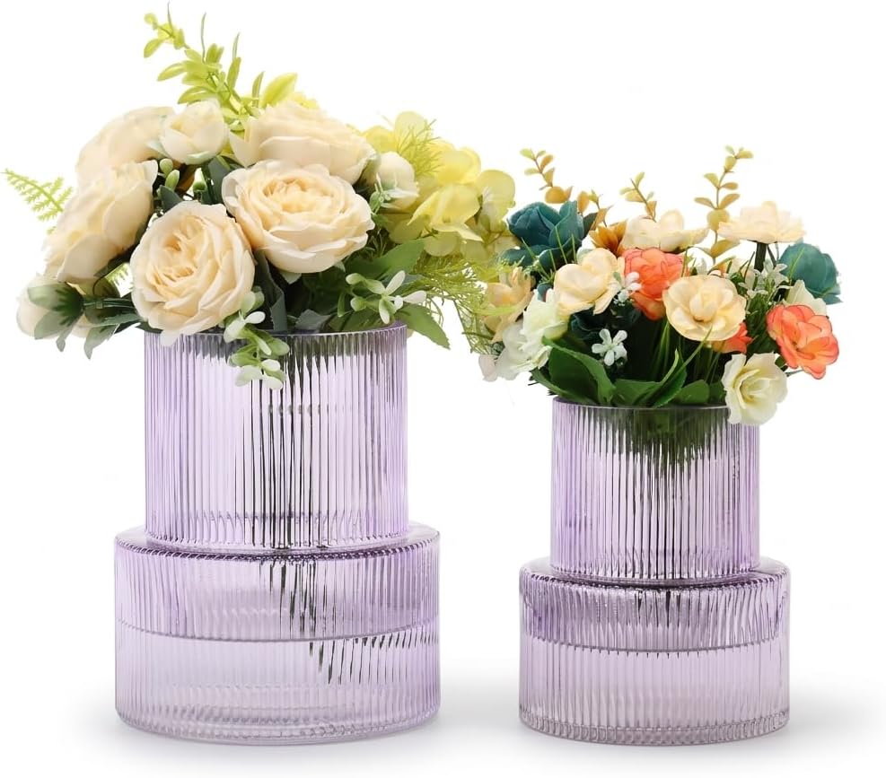 Ribbed Glass Vases for Bouquet, Set of 2 Purple Vases for Flowers, Purple Glass Vase for Tulips, Modern Vase for Living Room, Office, Coffe Table, Dining Table, Shelf, Wedding