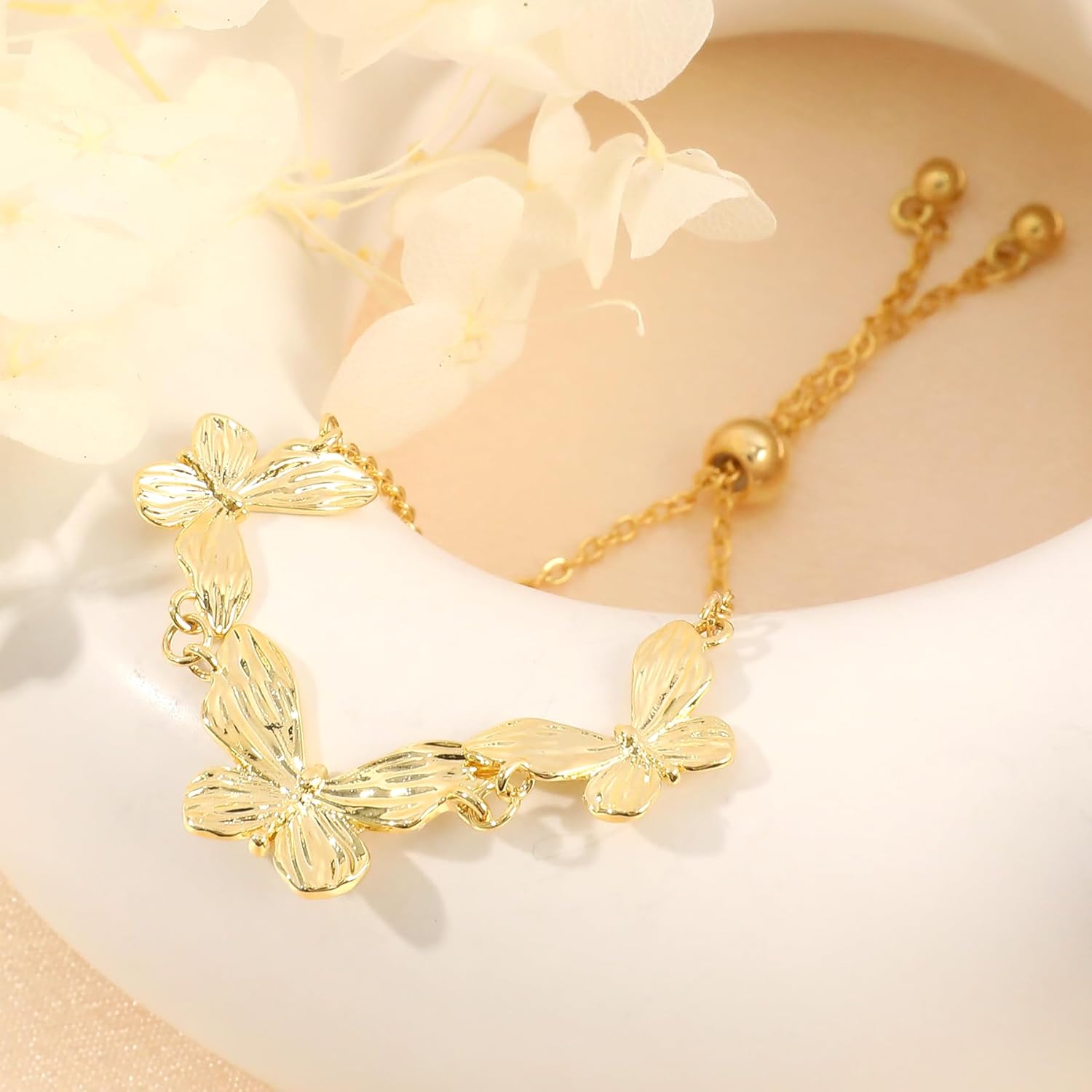 Gold Butterfly Link Bracelet for Women - 14K Gold Plated Triple Charm Elegant Textured Bolo Bracelet - Adjustable Slider Insect Summer Party Trendy Jewelry Gift - Image 4