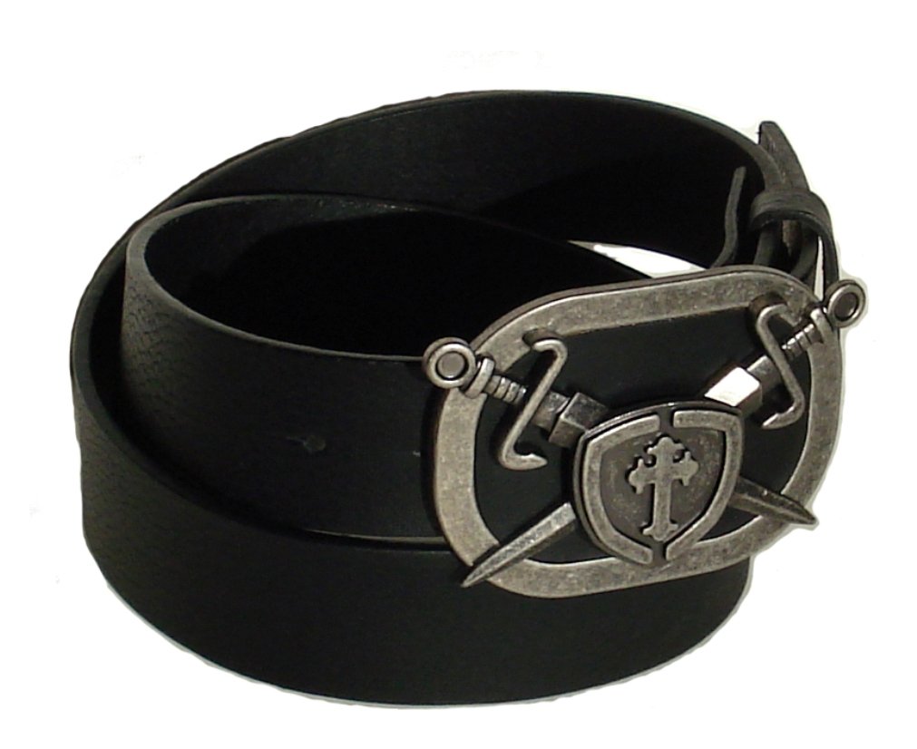BeltsandStuds Man Women Snap on belt with Sward Cross Shield buckle L 38 Black