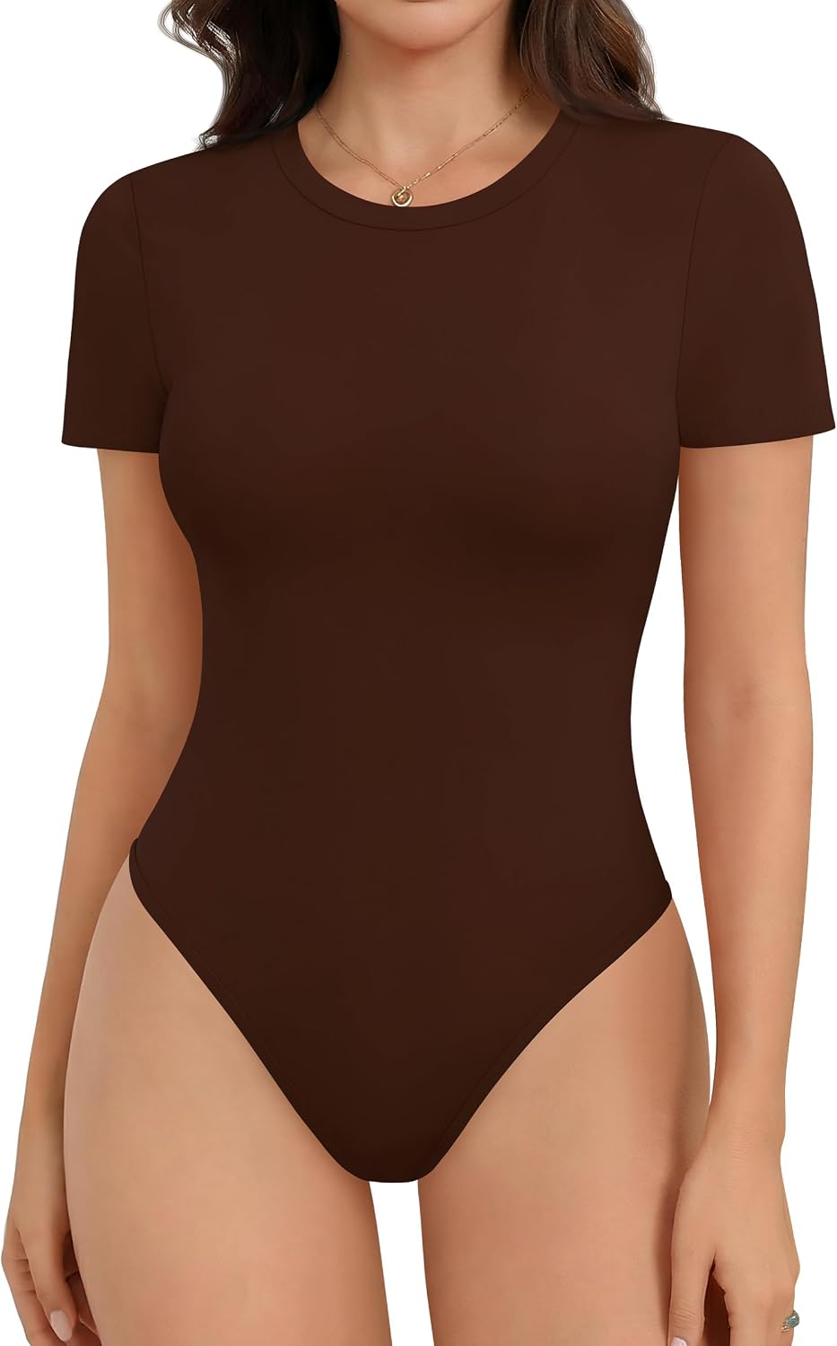 Laughido Women's Summer Crew Neck Short Sleeve Bodysuit Slim Fit Casual Basic Stretchy T Shirts Tops