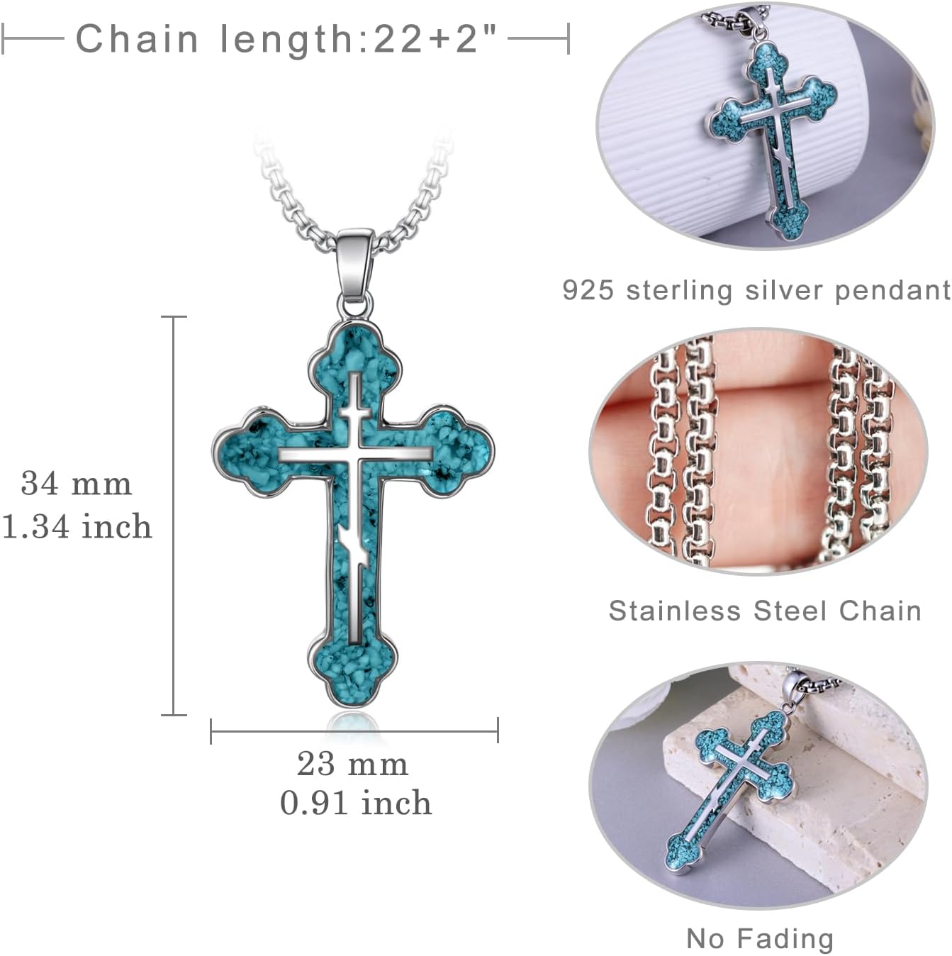 Orthodox Cross Necklace for Men, Sterling Silver Orthodox Pendant with Turquoise, Cross Jewelry Gift for Men - Image 4