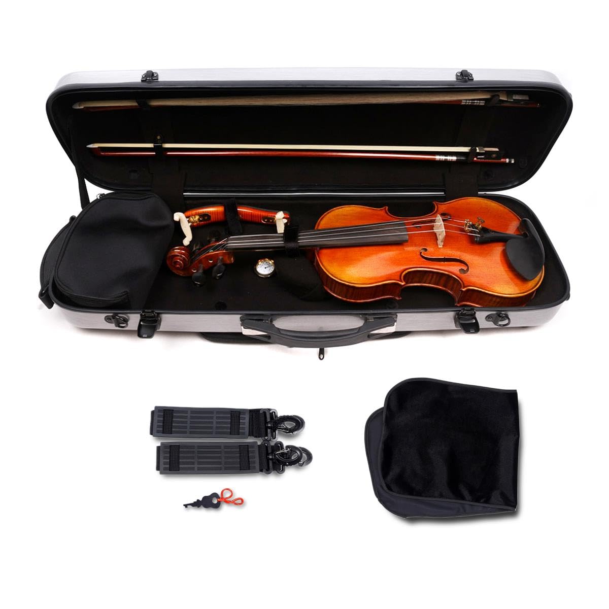 Custodia per violino 4/4 in fibra di carbonio con serratura ultraleggera 21 kg Custodia rigida Full Size Nero Velour Interni Cinghie Zaino colofonia Tasca Igrometro Accessori Storage