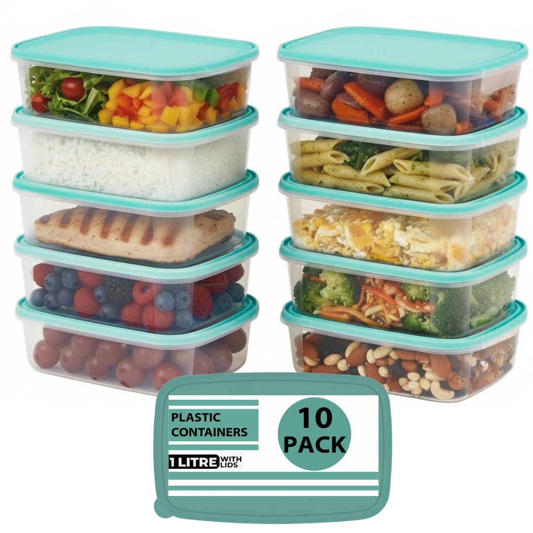 DRW 10-Pack 1L Airtight Meal Prep Containers with Green Lids – Leakproof, Microwave, Freezer & Dishwasher Safe, BPA-Free Food Storage Boxes (10)