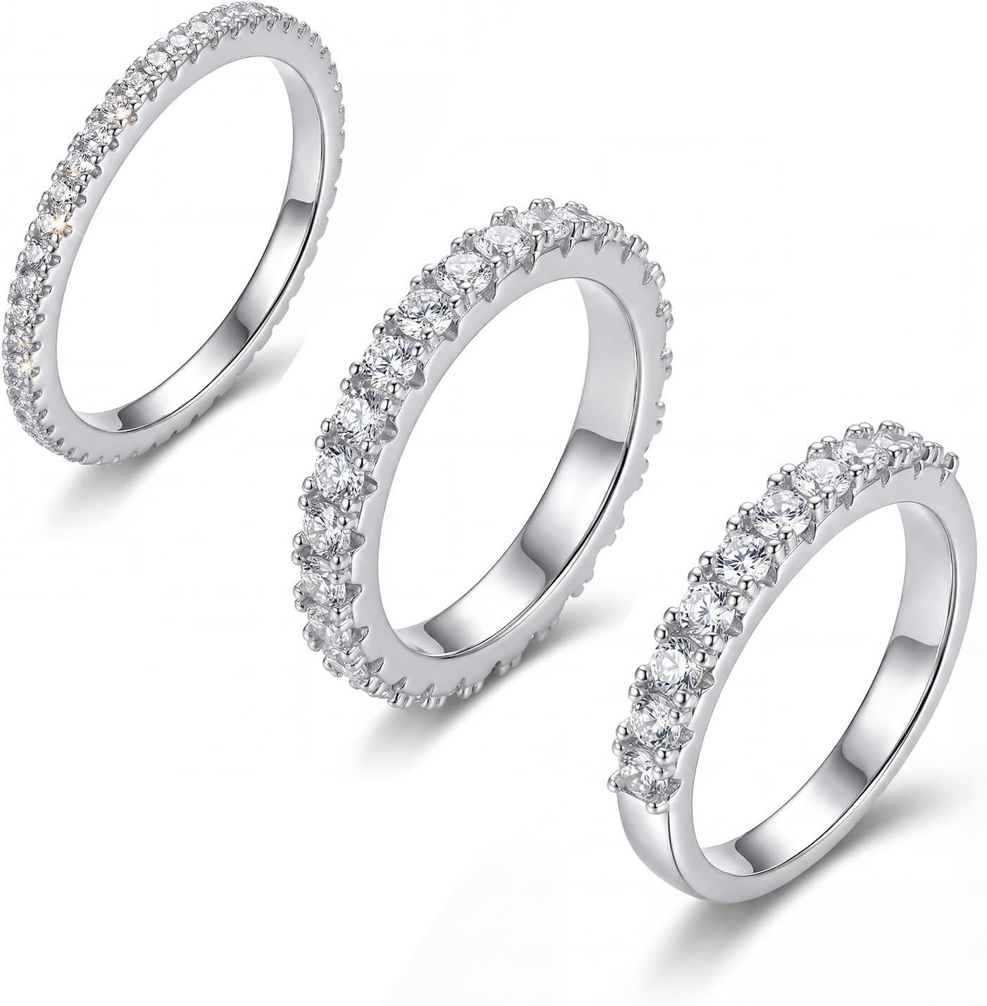 SAVORI Pack of 3 14K Gold Plated Sterling Silver Half Eternity CZ Stackable Ring Set for Women, 3 Styles (Full Pave, Half Pave, Thin Band), Hypoallergenic Bridal & Wedding Band Jewelry Gifts Size 6-10
