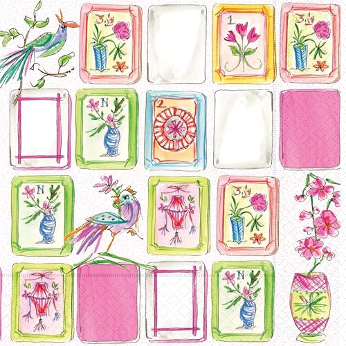 Boston International Cocktail Napkins Disposable 3-Ply Paper Party Napkin Pack 5 x 5 Mahjong Allover 20-Count