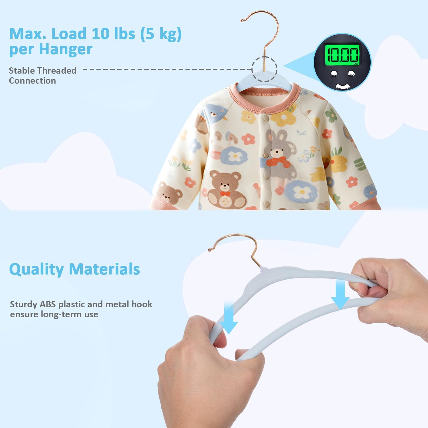 30-Pack 11 Inch Baby Closet Hangers with 10 Clips - Soft Velvet Non-Slip Hangers for Infant & Toddler Clothes - Blue - Image 5