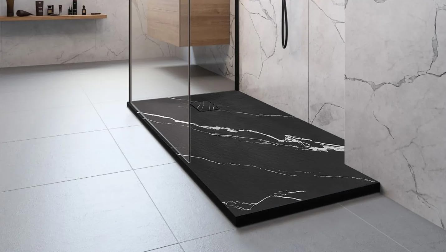 VBChome Plato de ducha de 90 x 90 x 2,5 cm, color negro, imitación piedra, plato de ducha extraplano, cuadrado, desagüe de desagüe para placa de cubierta, compuesto SMC, instalación universal, sifón