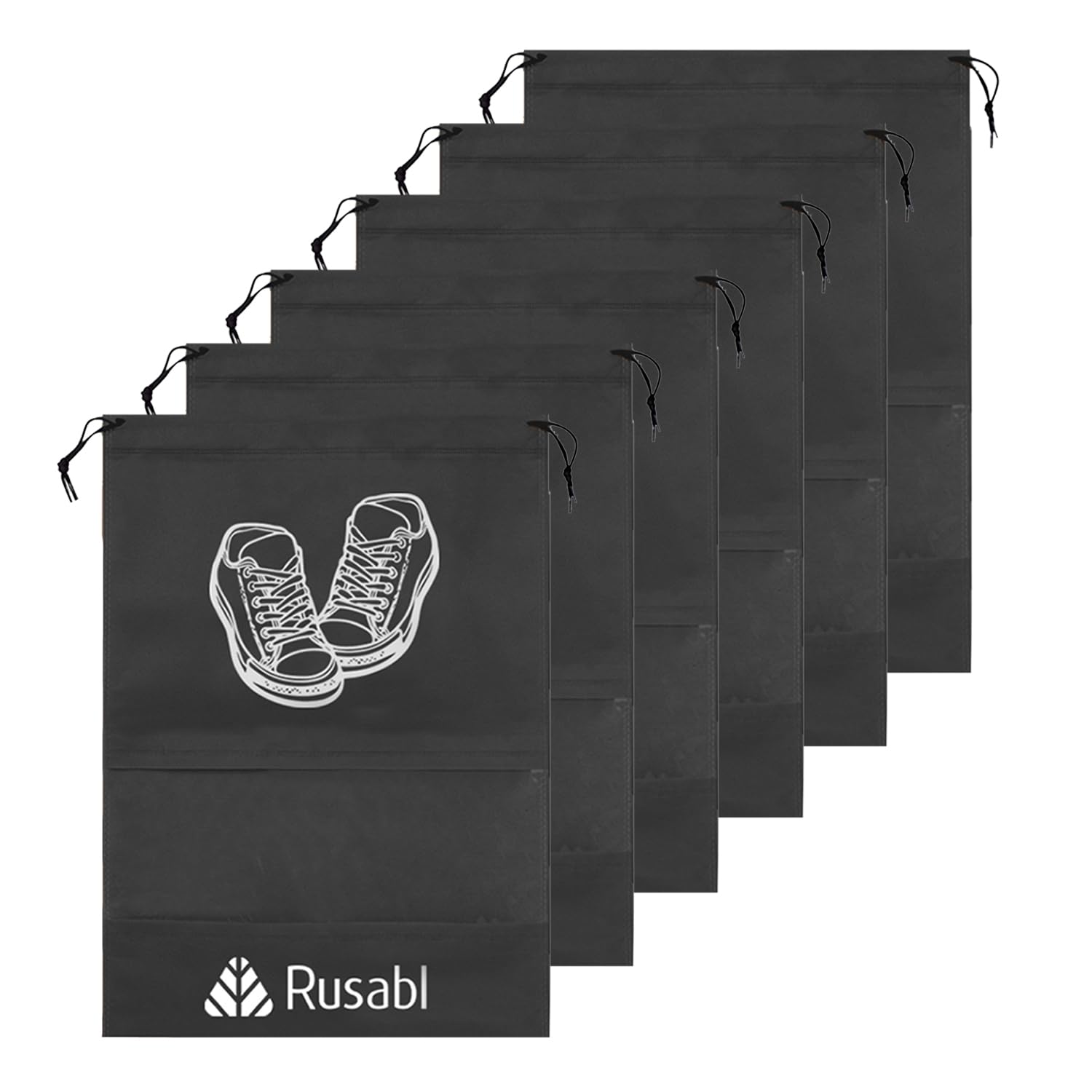 RusablShoe Bag for Travel (Pack of 6, Black) Non Woven, See Through Window, Drawstring Closure, Travel Organiser Pouch for Women & Men Sports Shoes, Sandals, Slippers, Footwear Cover for Travelling