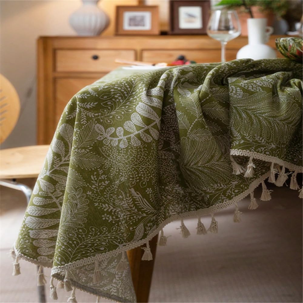 Green Leaves Tablecloth for Kitchen Dining Linen Cotton Blend Table Cover with Tassel Decor for Party Banquet Decorations Farmhouse Table Cloth for Home Decor Restaurant 1 Piece 55 X 87 Inch