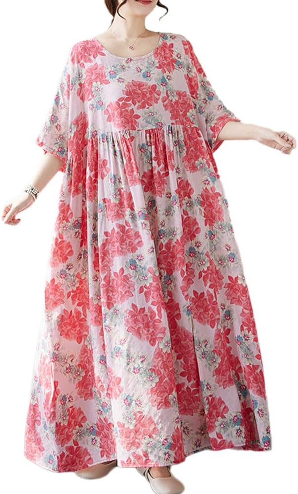 半袖 ワンピース レディース 夏 ゆったり ロングワンピース 涼しげ リラックス エスニック風 森ガール ポケット付き 体型カバー おしゃれ カジュアル