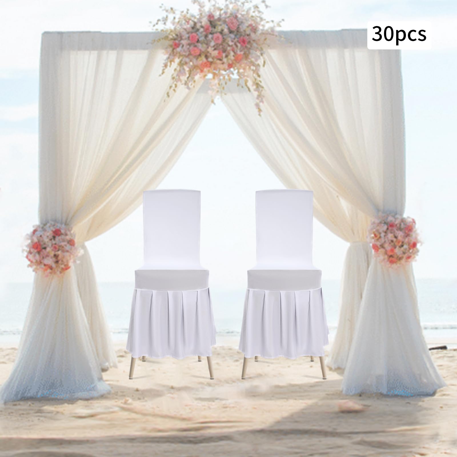Lot de 30 housses de chaise blanches 95 % polyester, 5 % élasthanne, extensibles, lavables en machine, modernes, avec jupe à volants, pour mariage, banquet, fête, hôtel, restaurant