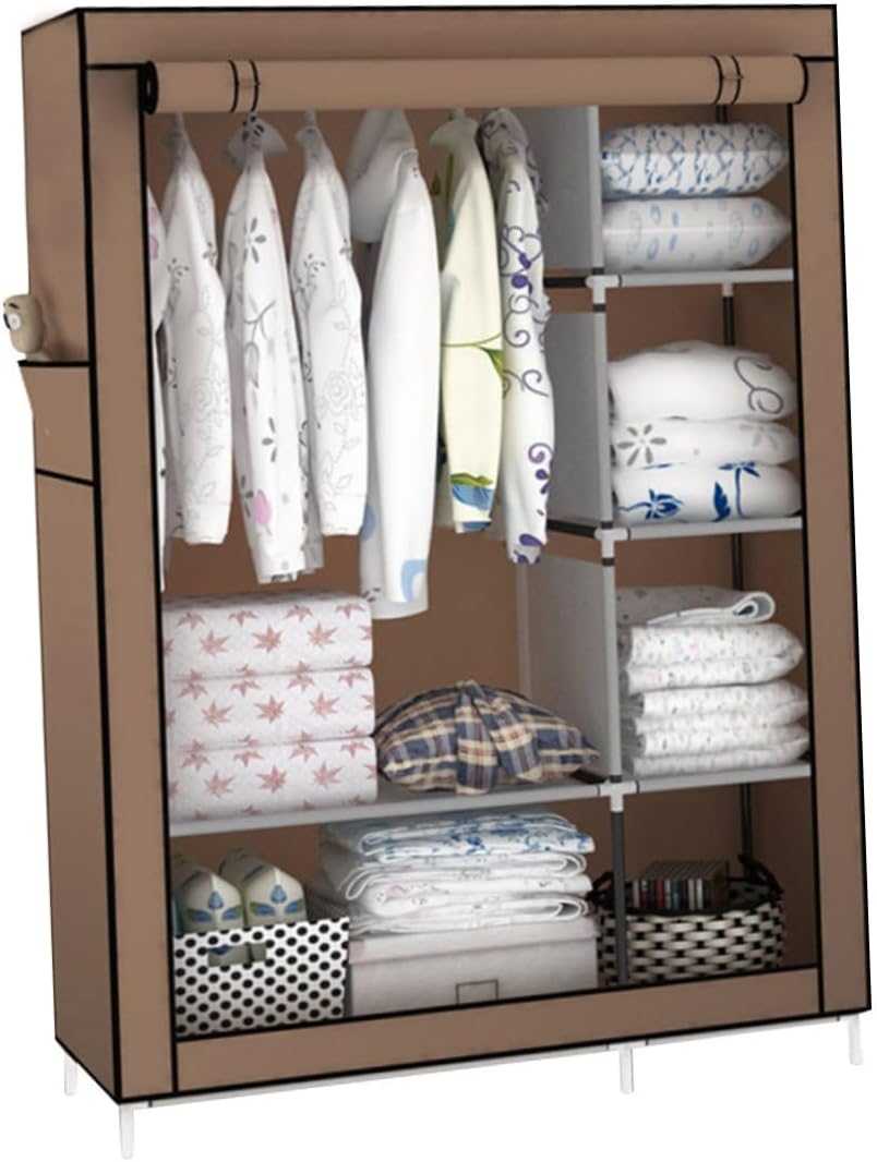Portable Fabric Wardrobe Closet with Dustproof Cover and Metal Shelves Storage Organizer for Clothes Easy Assembly and Capacity Coffee
