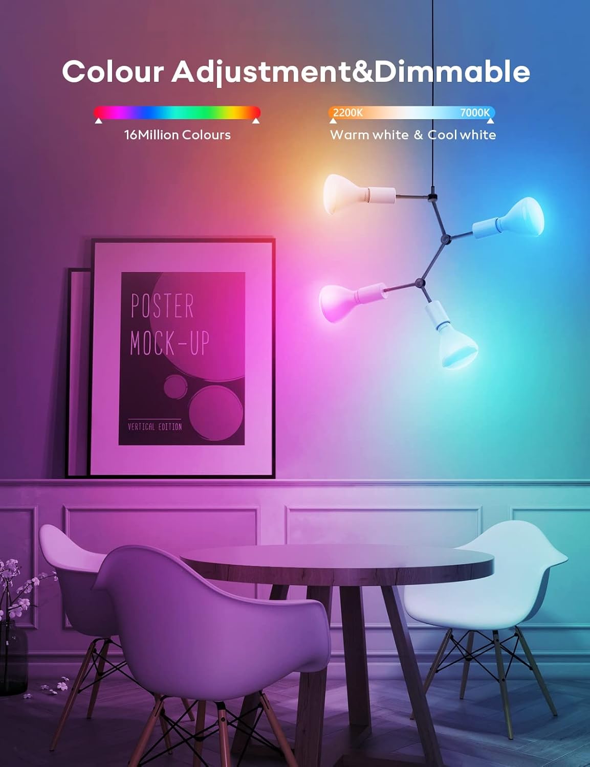 Interior scene with VOCOlinc smart light bulbs displaying various colors