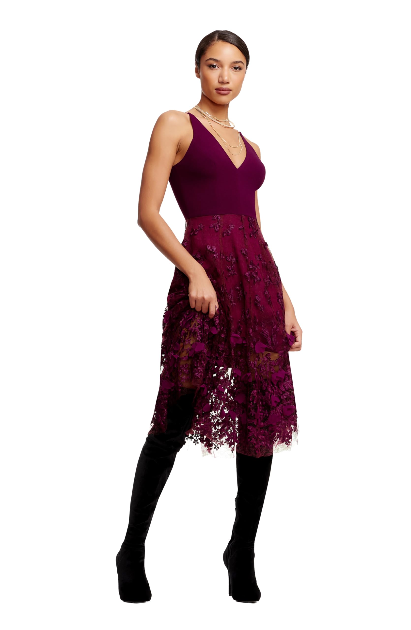 Dress the Population Women's Darleen Sleeveless Plunging Neckline Fit and Flare Midi Dress: XX-Large Dark Magenta