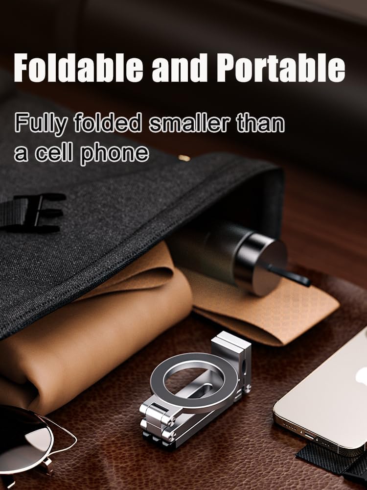 360° Rotating Phone Stand, Adjustable Aluminum Magnetic Phone Tripod for iPhone,Clipable, Foldable Airplane Travel Essentials Accessories