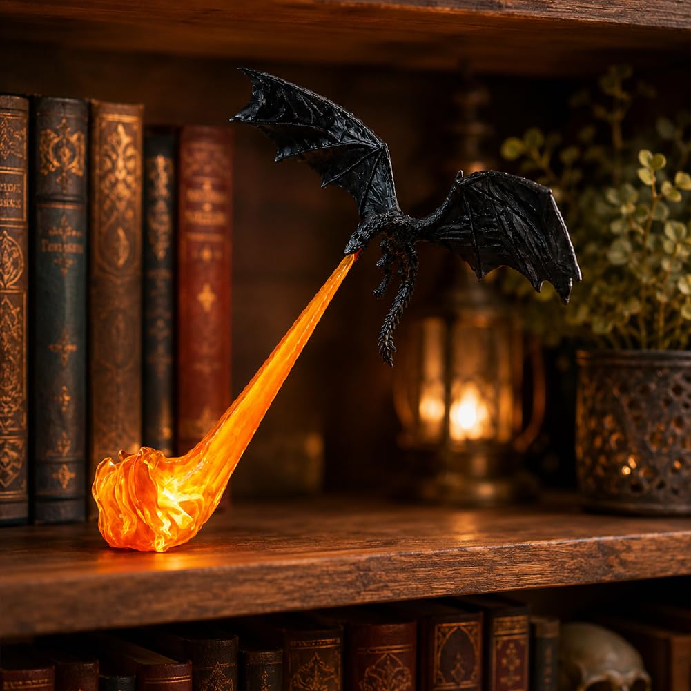 Dragon Flame Book Nook Light, Fire-Breathing Dragon Shelf Ornament