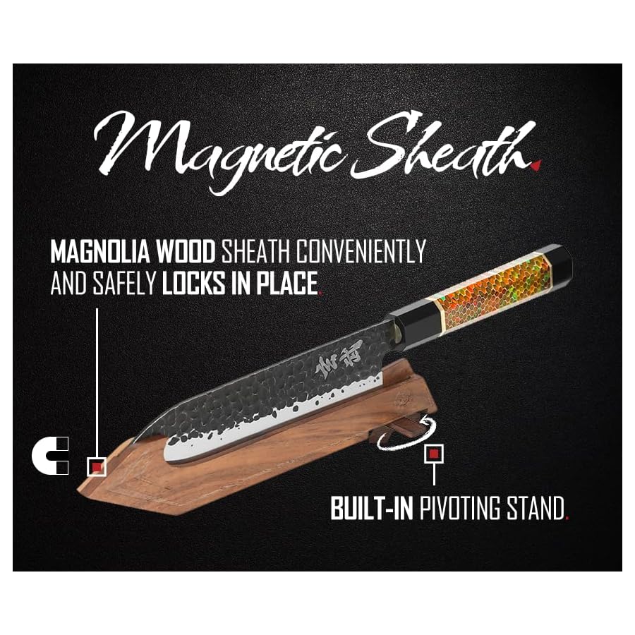 Concord Genbu Traditional Japanese Chef's Knife Raw Hammered Double Beveled 9CR18MOV Blade w/ 60 HRC. Tortoise Shell Resin Handle. Comes with Magnetic Magnolia Wood Sheath with Stand. (7" Santoku)