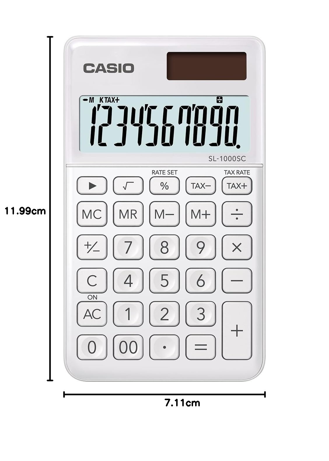 CASIO Kalkulator SL-1000SC, 10-cyfrowy, stylowe kolory, obliczenie podatku, przód aluminiowy, zasilanie energią słoneczną, zasilanie bateryjne, 0,9 x 7,1 x 12 cm