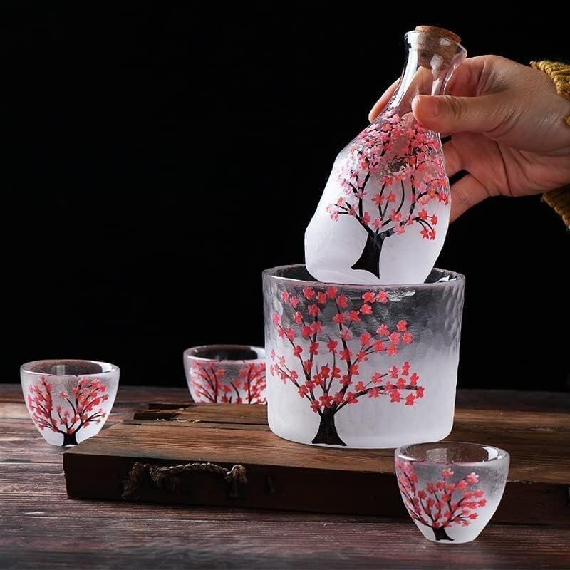 Color Painted Glass Sake Set 4 Pieces,Handcraft Pink Cherry Blossoms Design, 1 Sake Bottle, 1 Sake Tank and 2 Sake Cups, Cold/Warm/Hot Sake Carafe