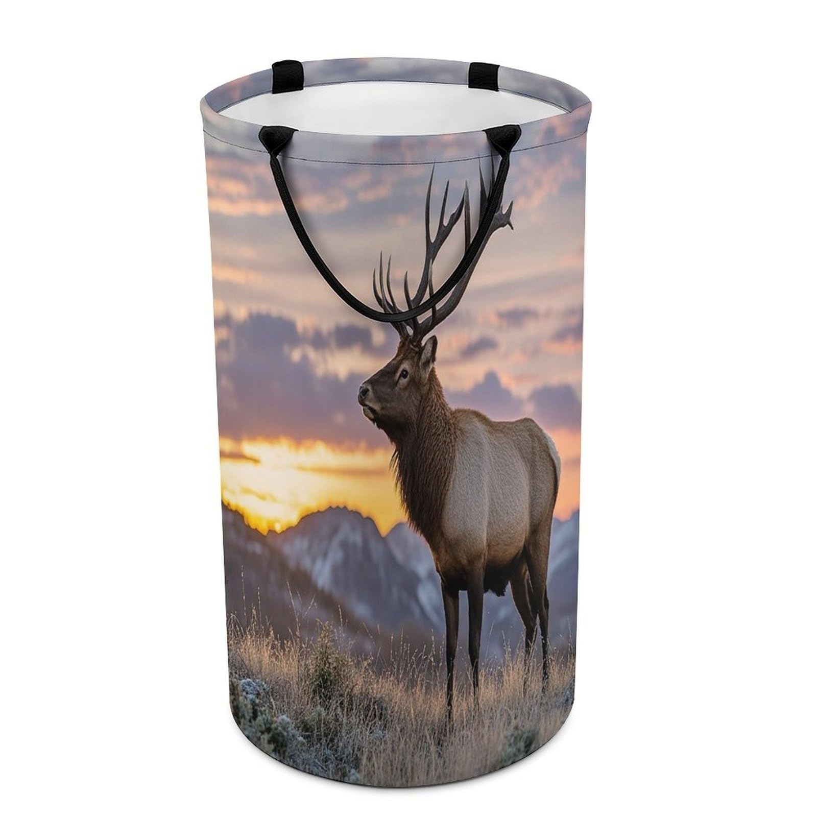 Red Deer Bull Elk Sunset Laundry Basket with Handles Large Collapsible Laundry Bag Freestanding Waterproof Clothes Hamper Decor Storage of Dirty Clothe for Family Bathroom 86L