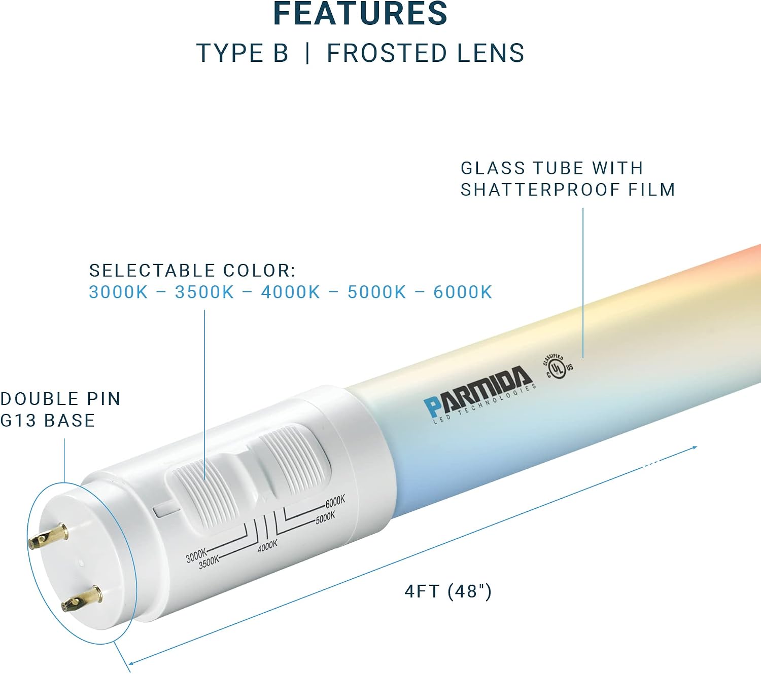 PARMIDA 4-Pack 4FT LED T8 5CCT Ballast Bypass Type B Light Tube, 18W, 5 Color Selectable - 3000K/3500K/4000K/5000K/6000K, Single-Ended & Dual-Ended Connection, 2200lm, Frosted Lens, UL