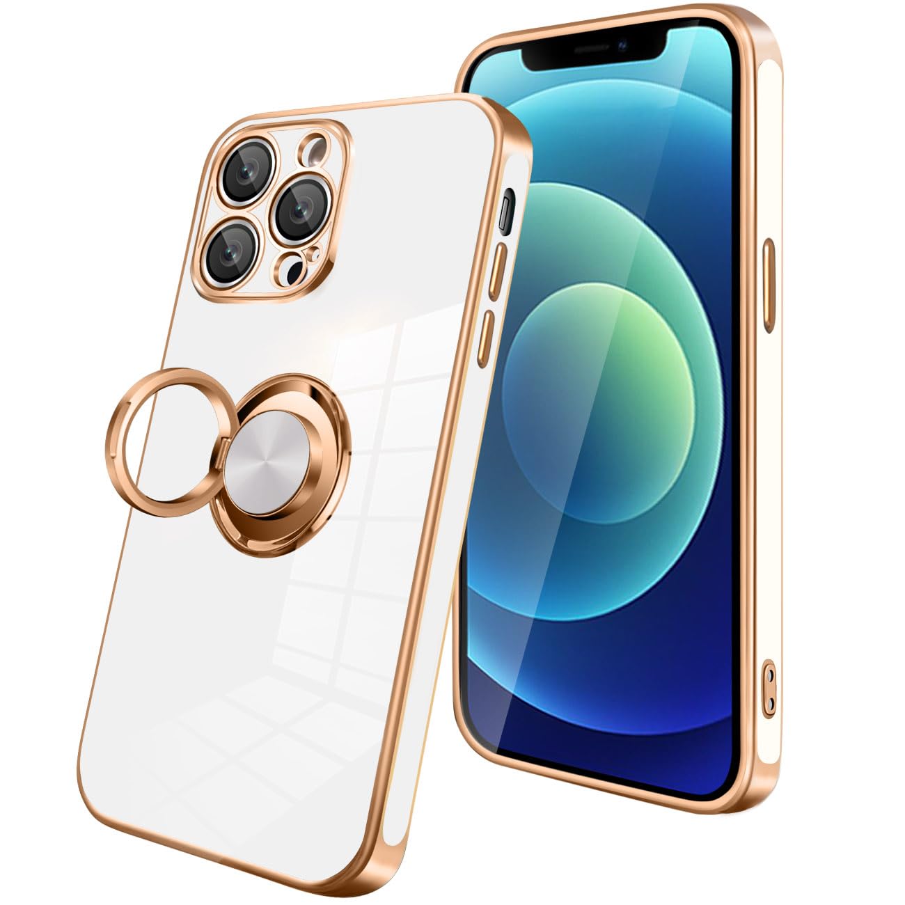 KEHUALLE iPhone 12 Pro ケース リング付き スマホケース いphone 12 Pro カバー 耐衝撃 メッキ加工 TPU 携帯カバー 車載ホルダー対応 360度回転 多機能 スタンド機能 アイフォン 12 Pro 携帯ケース 6.1インチ用（ホワイト）