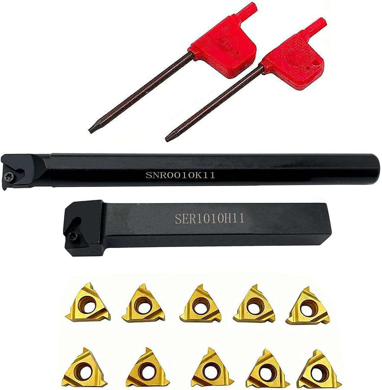 20PCS TCMT110204 Gold carbide inserts +SER1010H11+SNR0010K11+5pcs 11ER A60+11IR A60 threading inserts and threading holders