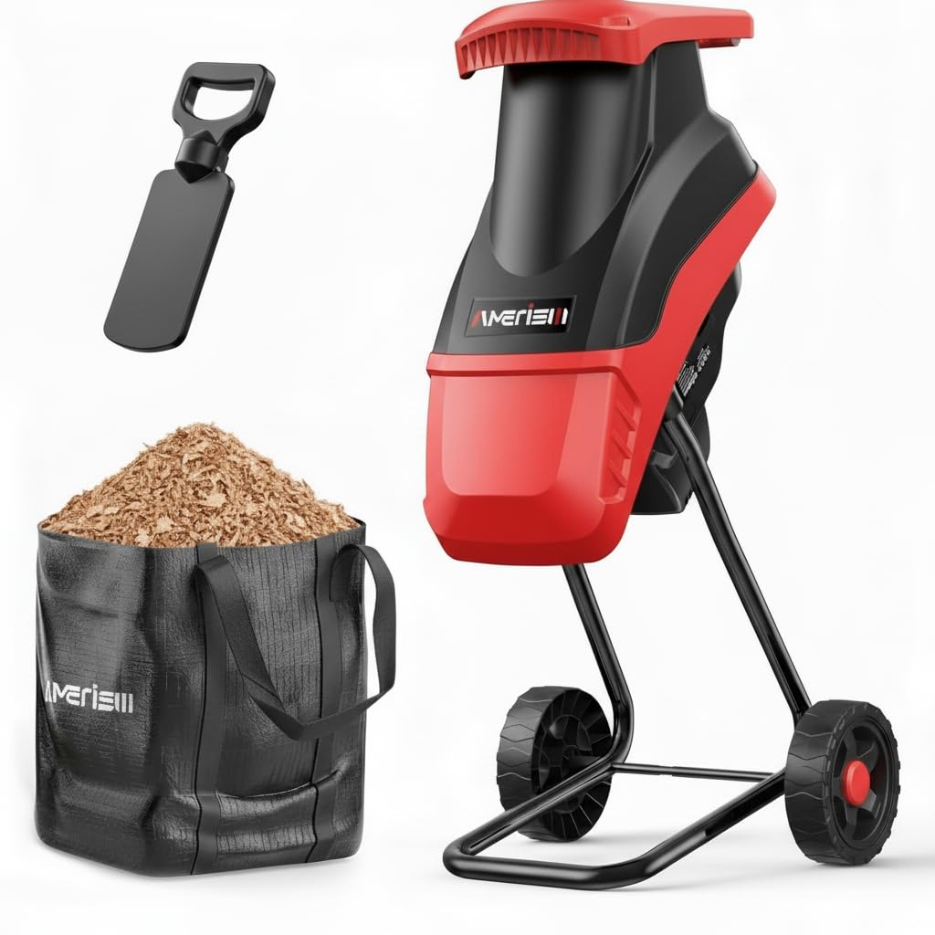 AMERISUN Trituradora de Madera eléctrica de 15 amperios, trituradora de jardín de 4200 RPM con Capacidad de Rama de 1,75 Pulgadas, Bolsa de Recogida de 50 l y Ruedas de 7 Pulgadas, mulcher Ligero de