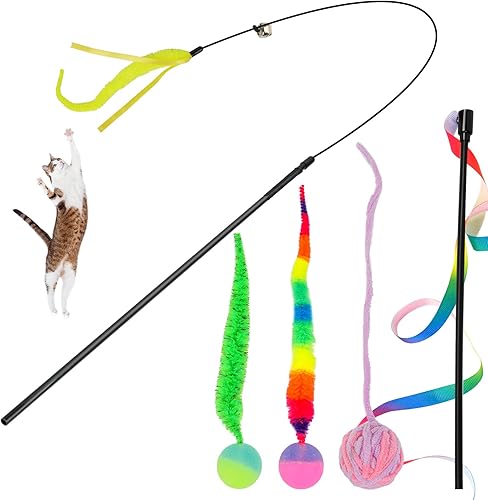 Miniatura 14 de SHENGSEN Juguete de varita de plumas para gatos, pelota inflable con cola para gatos, gusano mágico con juguete de bola grande y colorida para