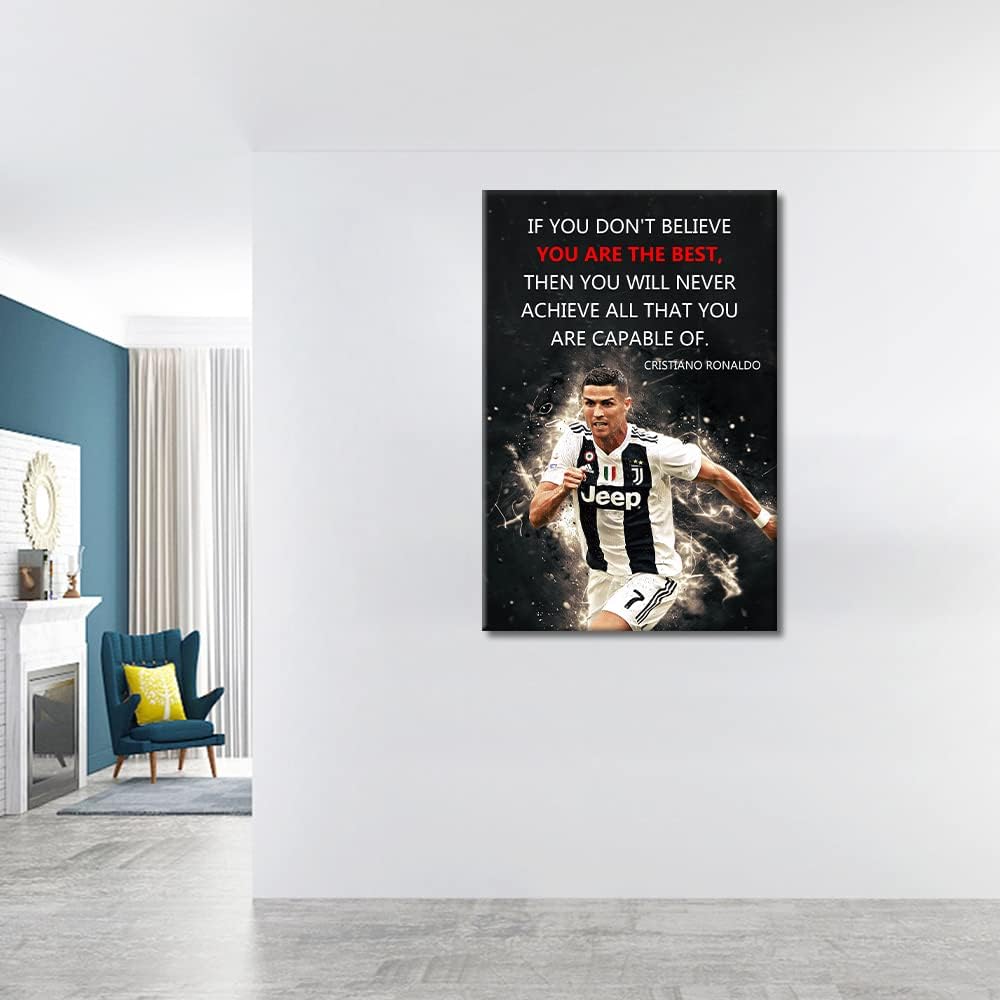 TISHIRON Football Sports Decor Superstar Quote Poster Ronaldo Inspirational Canvas Wall Art Motivational Artwork Modern Home For Home, Office, Gym, Classroom Framed Ready to Hang 36x24 in