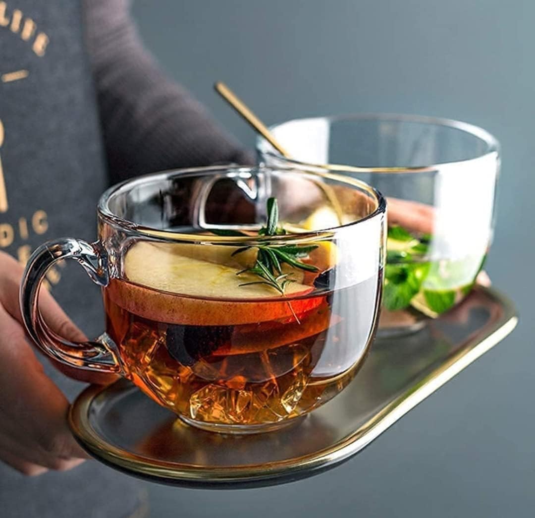 KiKiluxxa Green Tea Coffee Cup, Crystal Espresso Mug, Clear Toughened Glass Mug with Handle for Cappuccino, Milk, Latte hot/Cold Drinks - 450 ml- Pack of 3