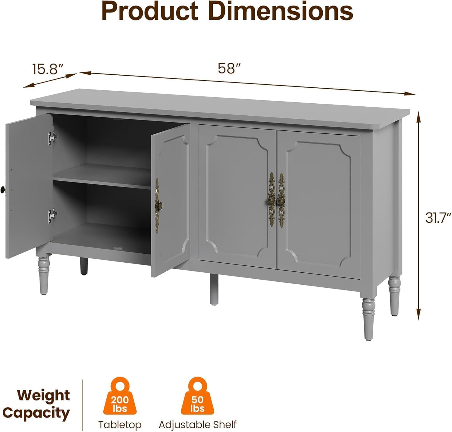 Diagram showing the dimensions of the sideboard (58 inches wide, 15.8 inches deep, 31.7 inches high) and weight capacities for tabletop (200 lbs) and adjustable shelf (50 lbs).