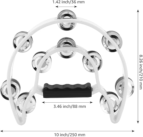 Miniatura 2 de Pandereta de doble fila, paquete de 2 panderetas de 10 pulgadas para adultos, instrumento musical de media luna con 20 jingles de metal, percusión