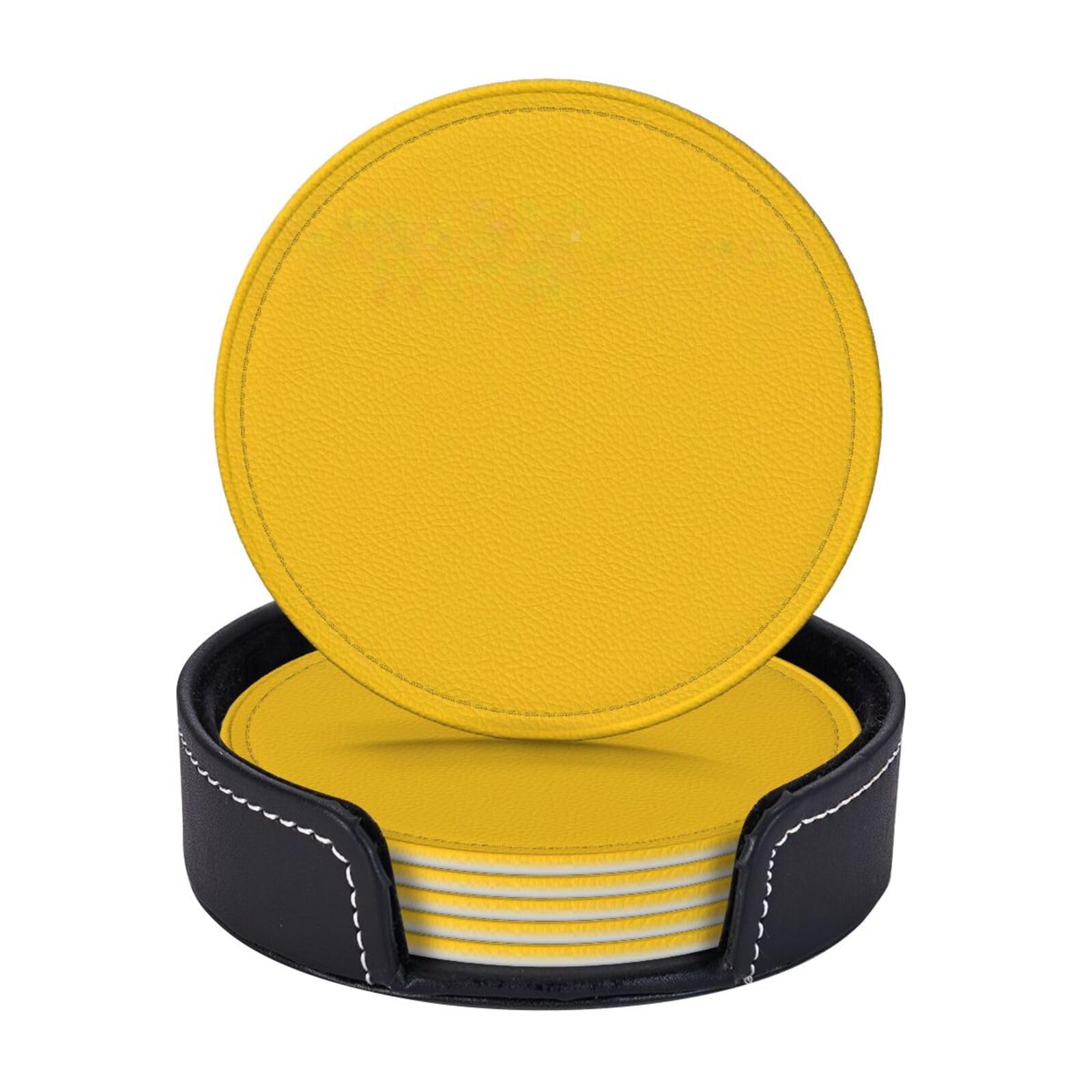 Drink Coasters 6 PCS Round Leather Coaster Milk Duck Yellow Coasters for Drinks Non-Slip Mugs Pads with Holder Personalized Cups Pad Mat for Coffee Table Kitchen 10 CM
