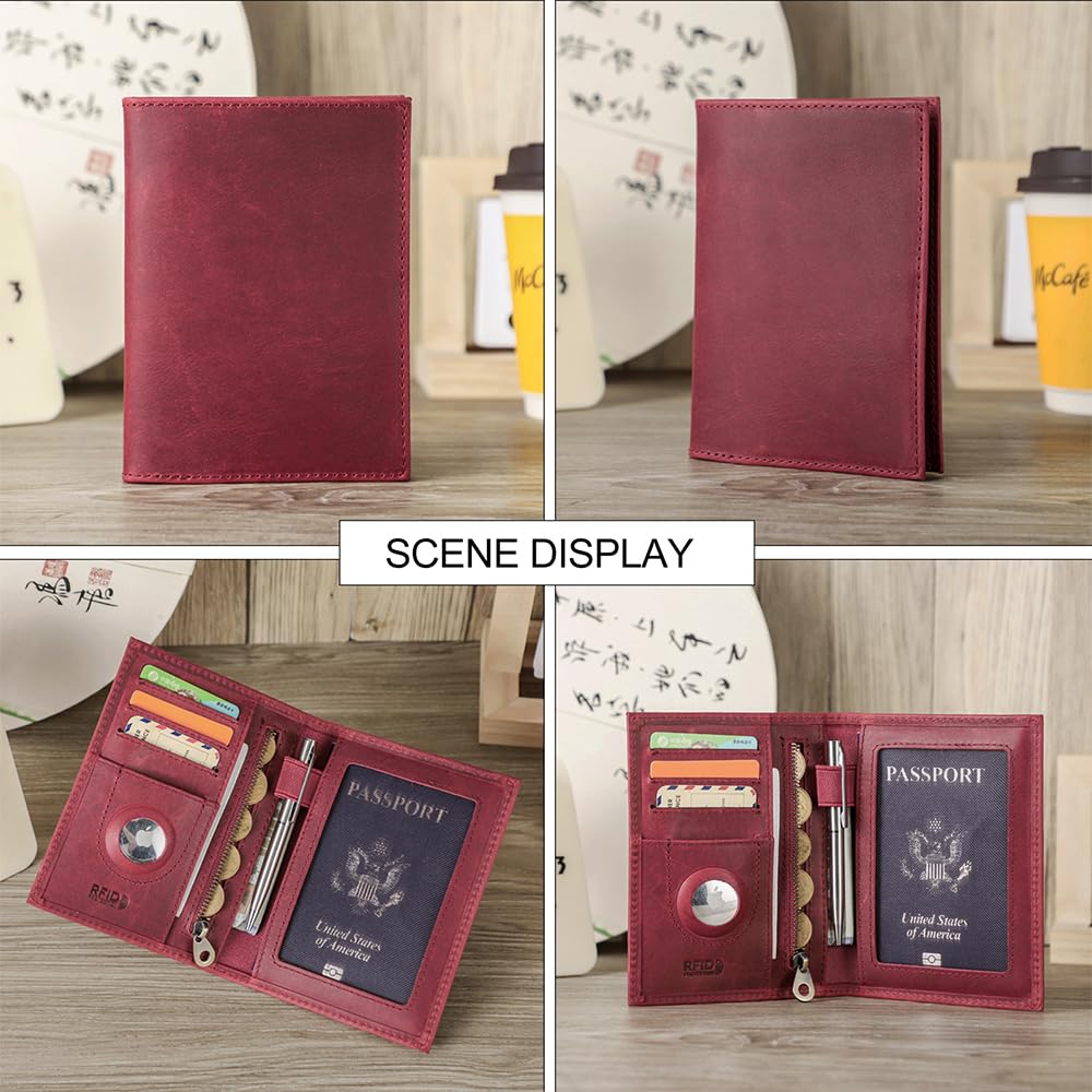 Contacts Funda delgada de piel auténtica para pasaporte Airtag, bloqueo RFID, cartera para pasaporte de viaje, Rojo vino, Vacía