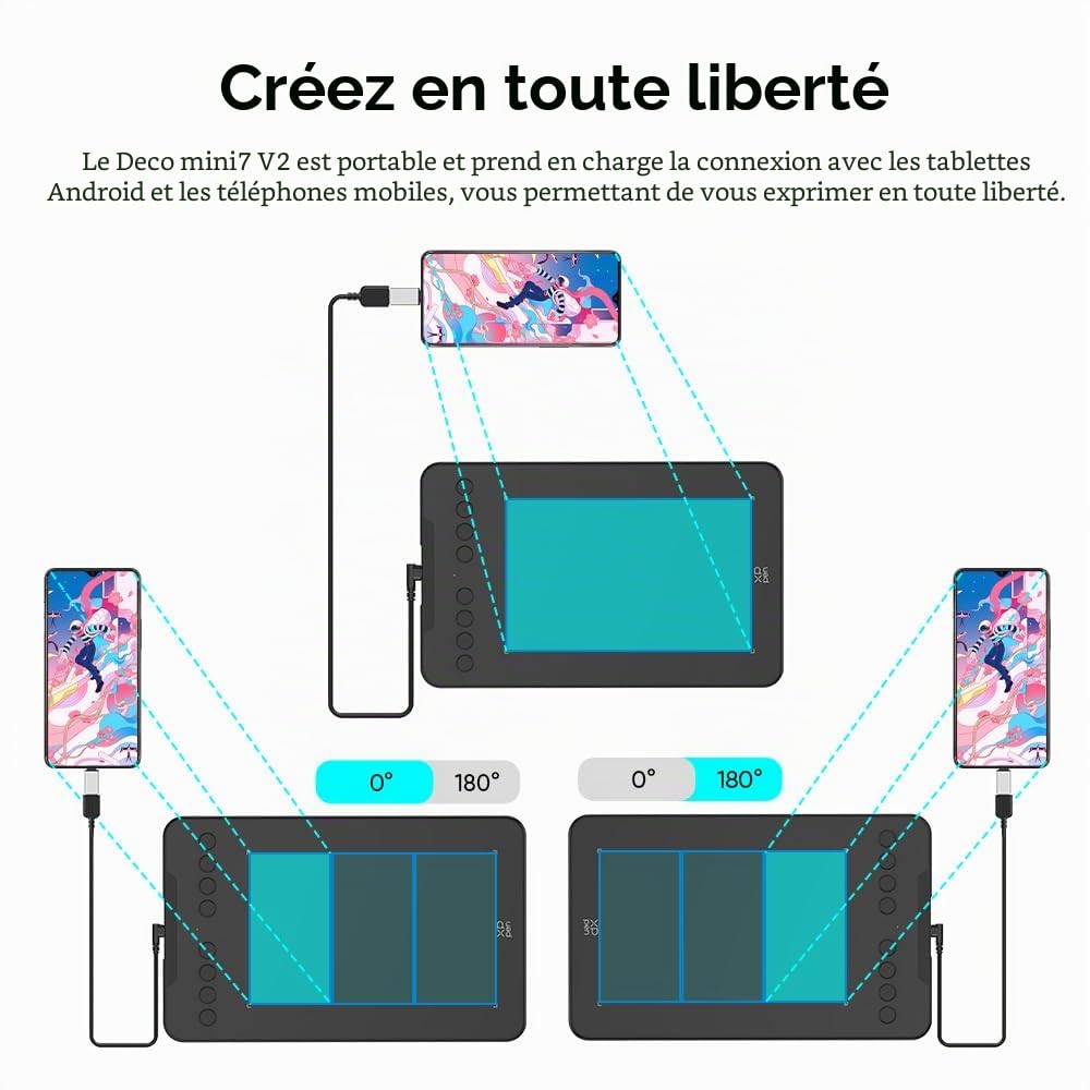 XP-PEN Deco mini7 v2 Tablette Graphique 7x4 Pouces Stylet 16K(16384) Niveaux de Pression avec Inclinaison 60 Degrés Compatible avec Windows Mac Android