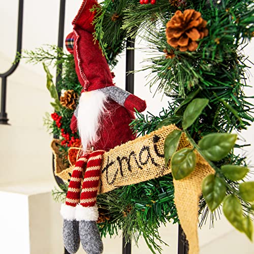 Christmas Wreath - 20 Inch Outdoor Christmas Wreath With 30 Lights, Original Design, Many Pinecone Berries, Several Ornaments And A Gnome On It, Great Outdoor Christmas Gnome Decoraiton #TOP2