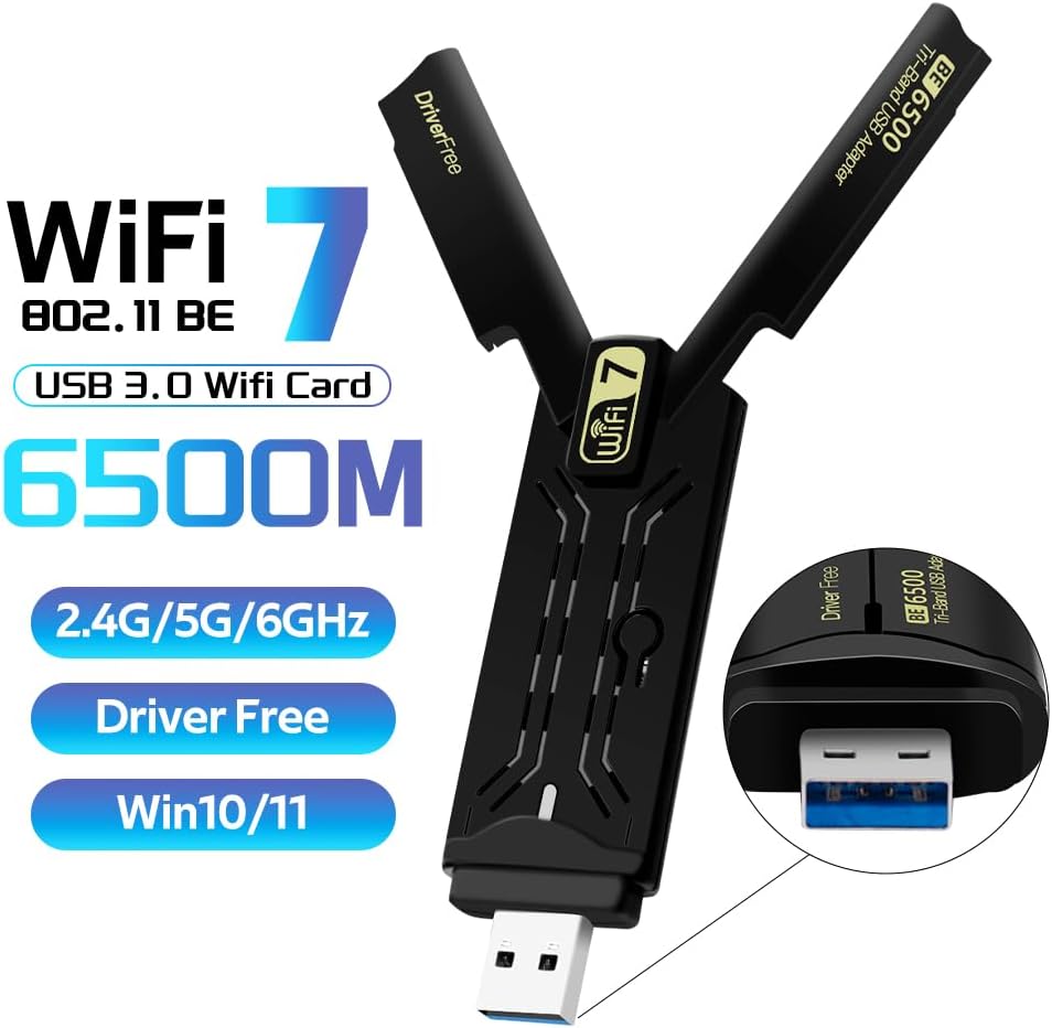 USB 3.0 Gaming WiFi 7 Card Driver Free with 8912AU Chipset(BE6500) USB Wireless Adapter Tri-Band High Speed Network Card for Desktop & Laptop, 802.11ac/ax/be Compatible, Plug & Play for Windows 11/10