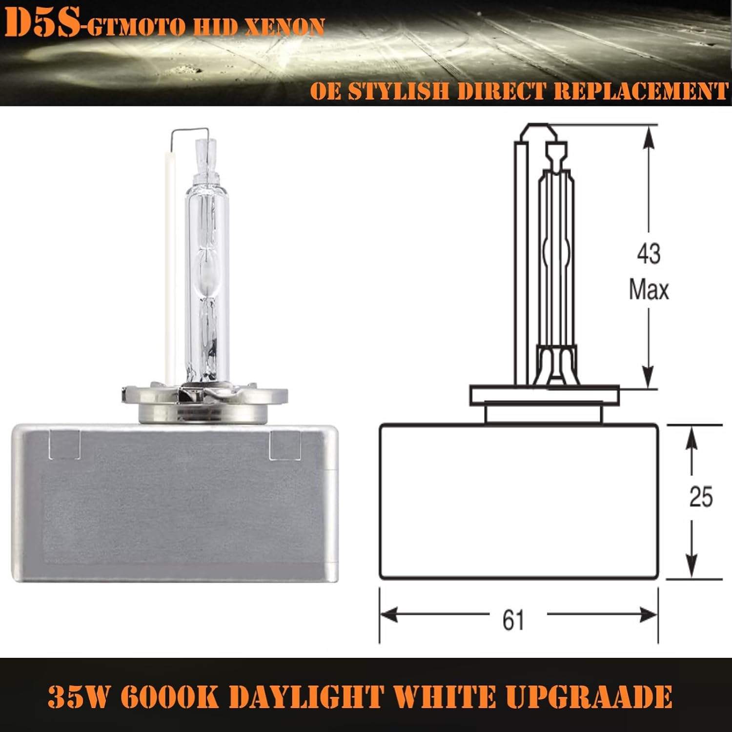 D5S for 2018 2019 2020 2021 Chevy Equinox GMC Terrain Headlights Xenon HID Bulbs, 35W 6000K Cool Bright White Upgrade GM 13594523 OEM 25W Yellow Dim Bi-Xenon Projector Lights, 2 Pack