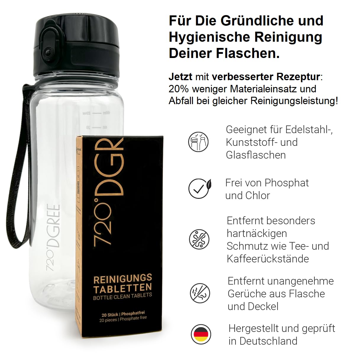 720°DGREE Reinigungstabletten für Trinkflaschen - 20 Tabs - Einfach Hygienische Anwendung - Entfernt Gerüche, Ablagerungen & reinigt all Deine Flaschen