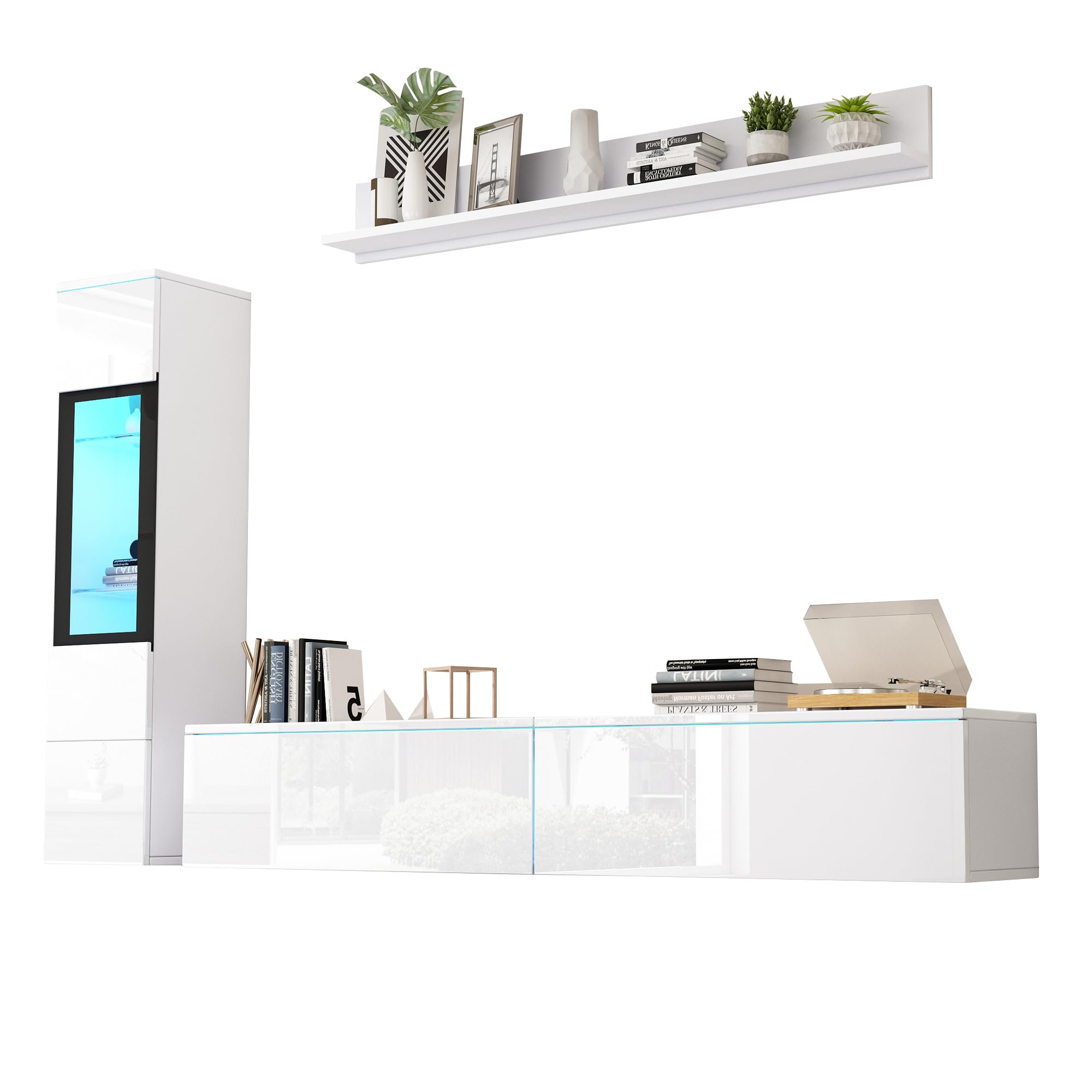 Set di 3 mobili per soggiorno, TV, illuminazione LED, colore: bianco brillante, 1 armadio, 1 mensola sospesa, 1 vetrina