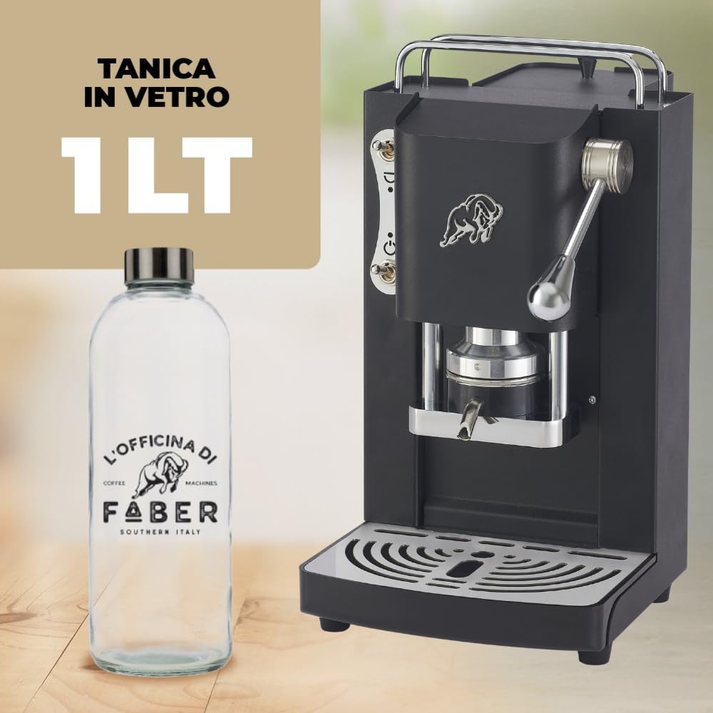 FABER COFFEE MACHINES 3.0 Pro Essential | Kaffeemaschine ESE 44 mm kompakt mit Glaskanister, herausnehmbarem Padhalter und verstellbarer Padpresse aus Messing (Schwarz, Chrom)