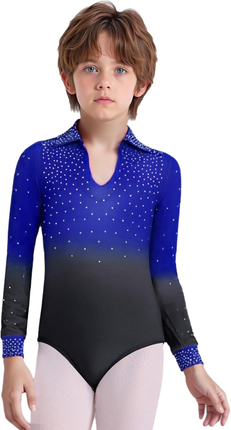 Agoky Kids Boys Rhinestones Gradient Gymnastics Leotard with Bell Bottom Pants Latin Samba Rumba Dance Outfit