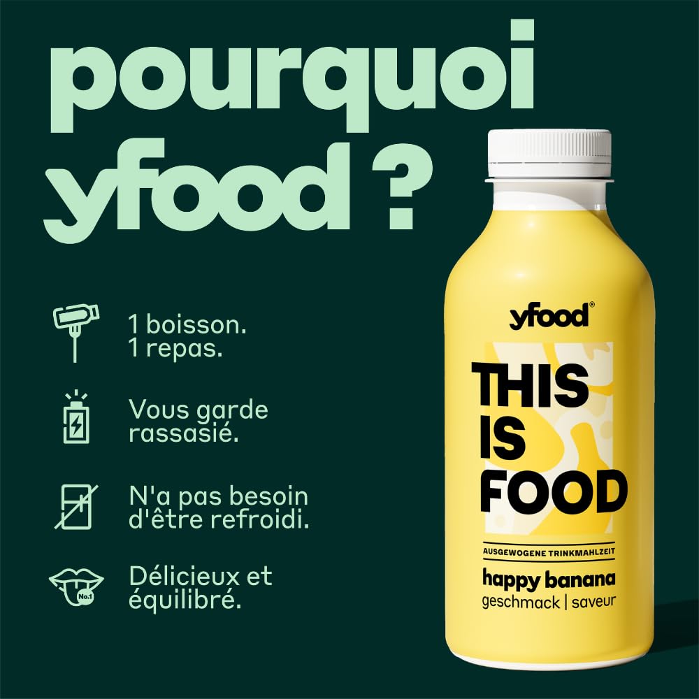 yfood Happy Banana, repas prêt à boire, THIS IS FOOD, substitut de repas, 30 g de protéines, 26 vitamines et minéraux (12 x 500 ml), goût banane