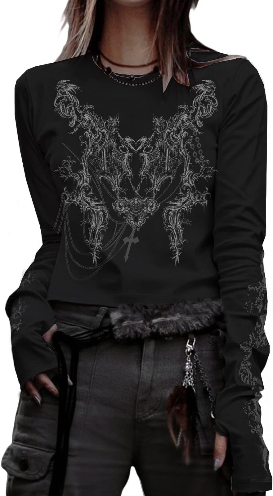 Goth Shirt for Women Long Sleeve Vintage Cross Print Crop Top Crewneck Aesthetic Slim Cropped Blouse Tee Grunge Clothes