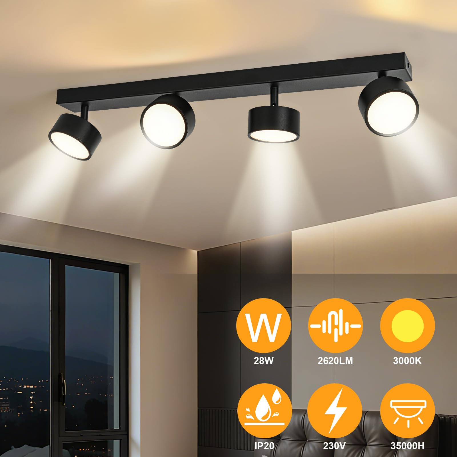 Plafones LED Lámpara de Techo 4 Focos Orientable, Plafones de Techo Negro LED Foco de techo 28W Blanco Cálido 3000K Plafón Pared Interior Moderno Para Cocina Pasillos Salón Dormitorios