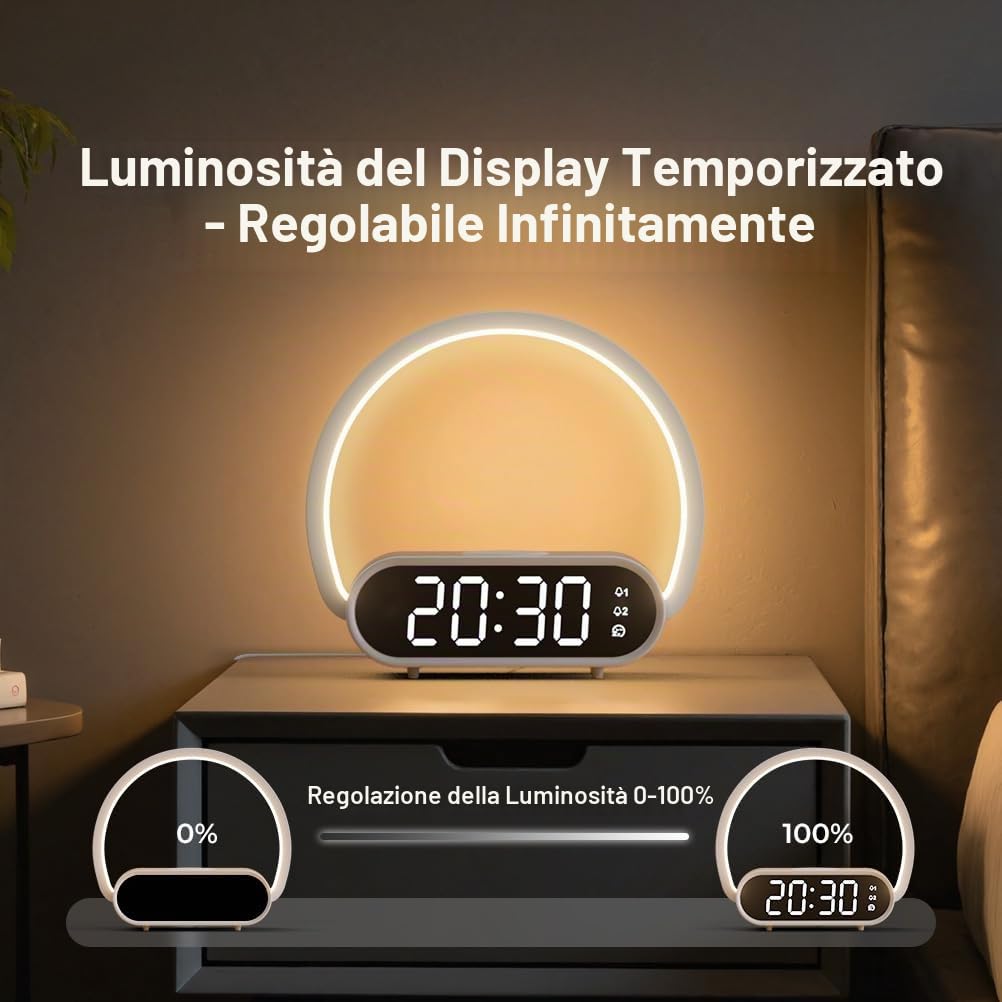 Comodino Lampada con Ricarica Wireless 15W, Sveglia Digitale Doppia Alarme, 3 Regolazioni Luminosità Touch Control, Luce LED per Camera da Letto, Ufficio