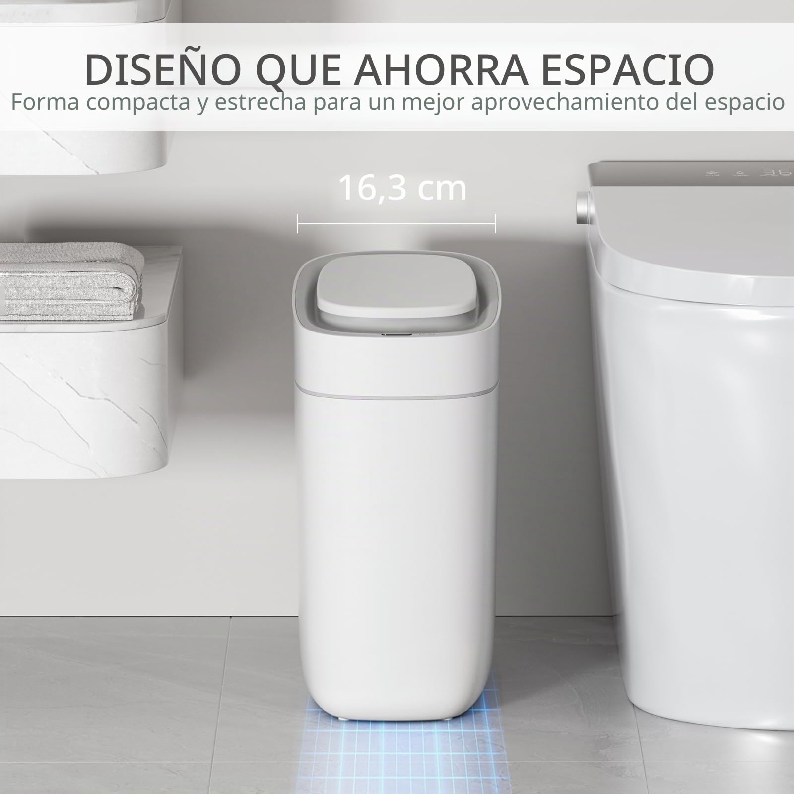 ELPHECO Bote de basura automático para baño con tapa, 2.5 galones, con sensor delgado, cubo de basura de plástico estrecho de 9 litros, contenedor de basura impermeable con sensor de movimiento para